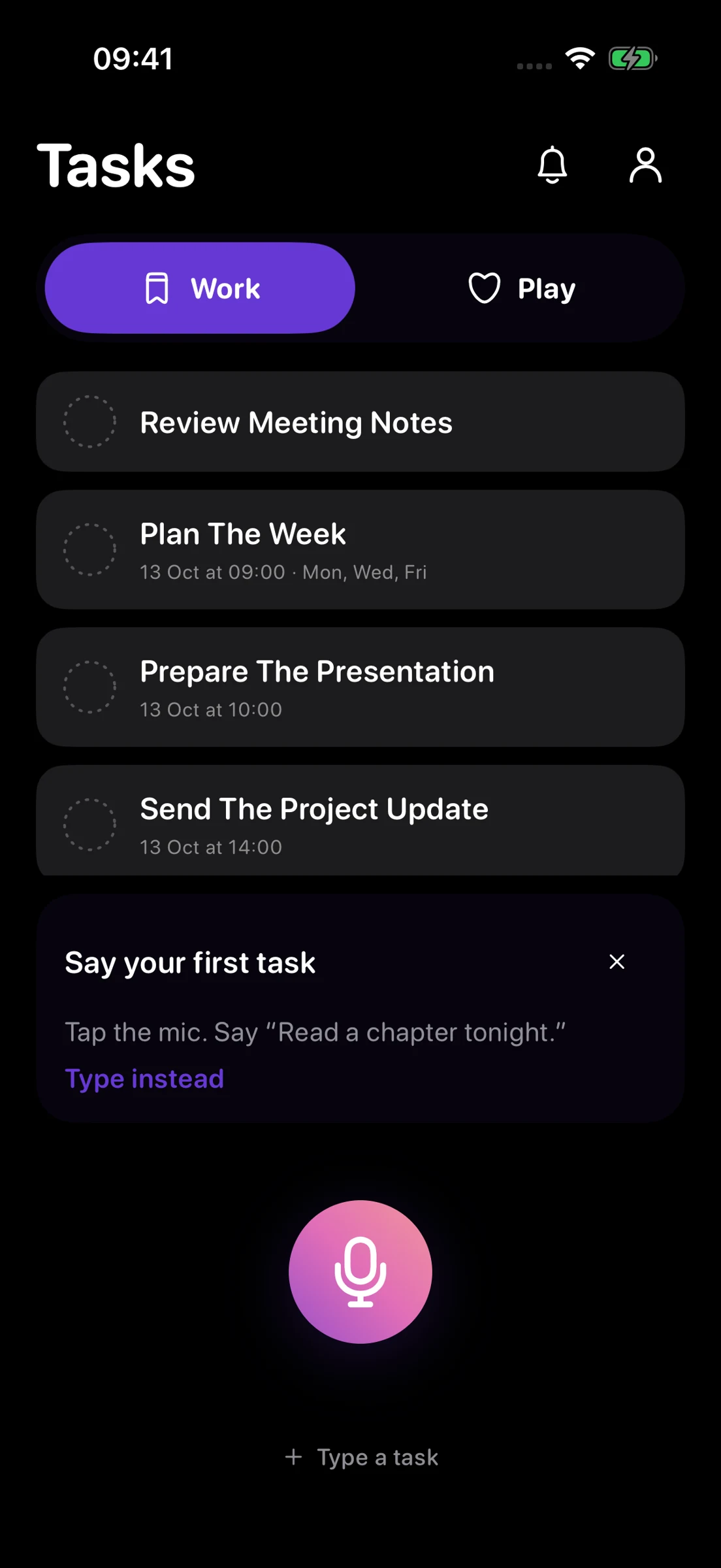 Genuine Sana iPhone Work screen with task cards and voice input.