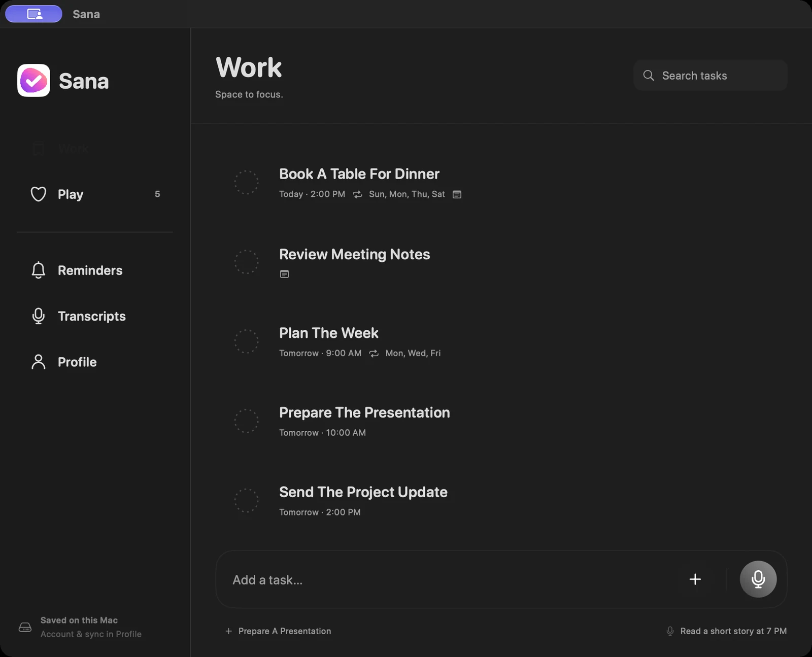 Genuine Sana Mac Work task list and sidebar.